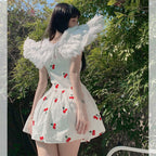 Cherry Print Strap Dress With Cute Silhouette