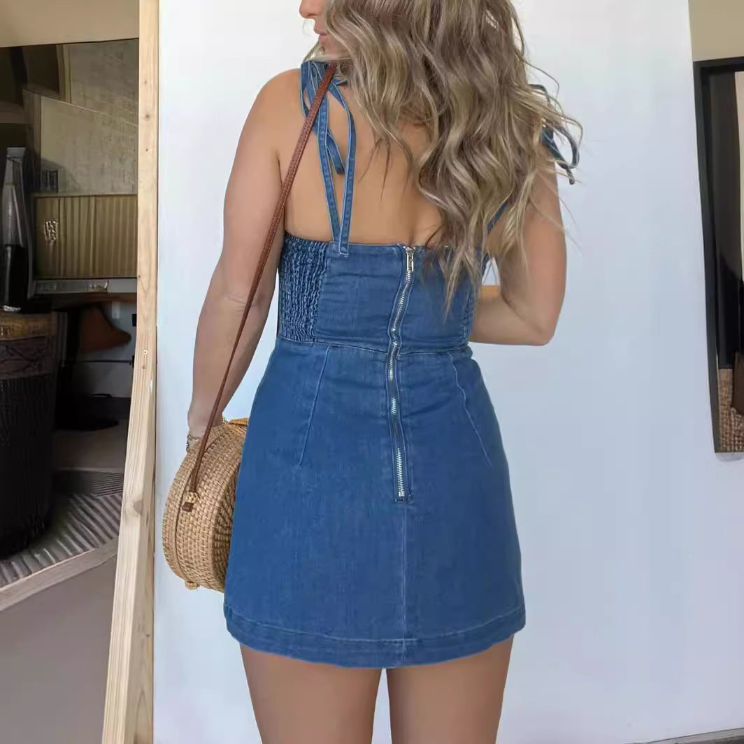 Slim Denim Dress With Back Zipper Design