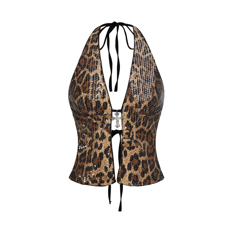 Leopard Print Sleeveless Halter Vest For Women In Chic Silhouette