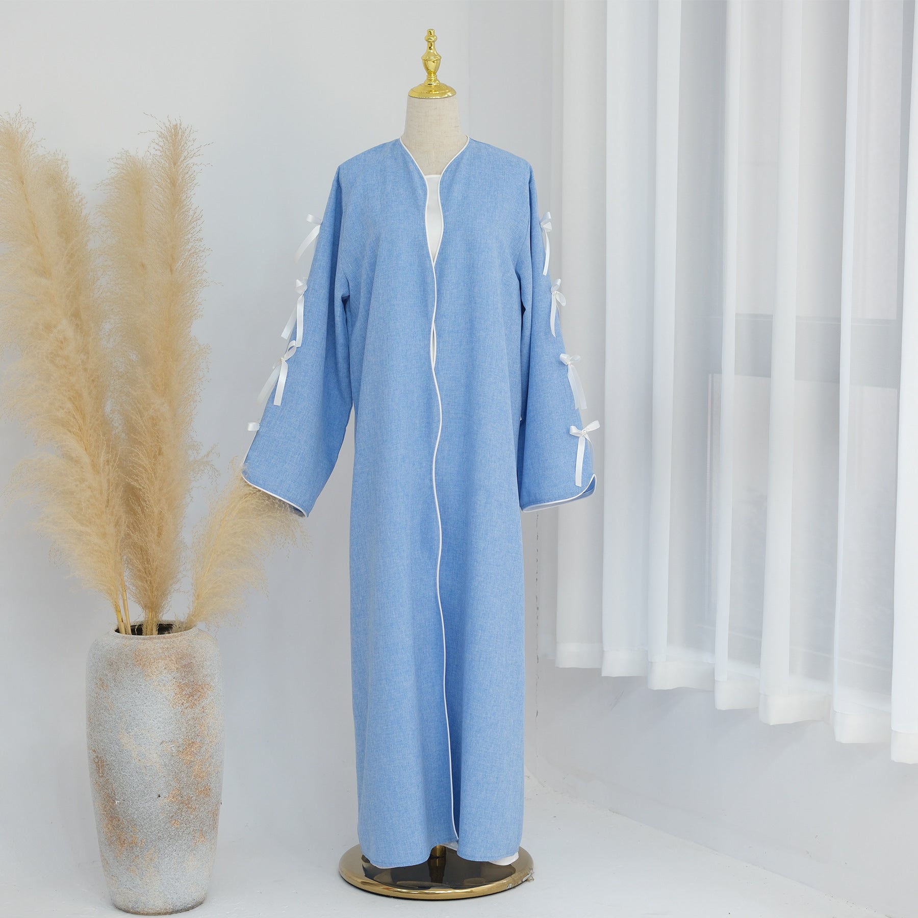 Elegant Bow Robe Maxi Dress Set With Long Sleeve Overlay