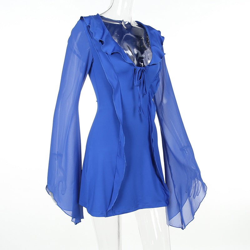 Women's Y2K Ruffled V-Neck Lace-Up Mini Dress