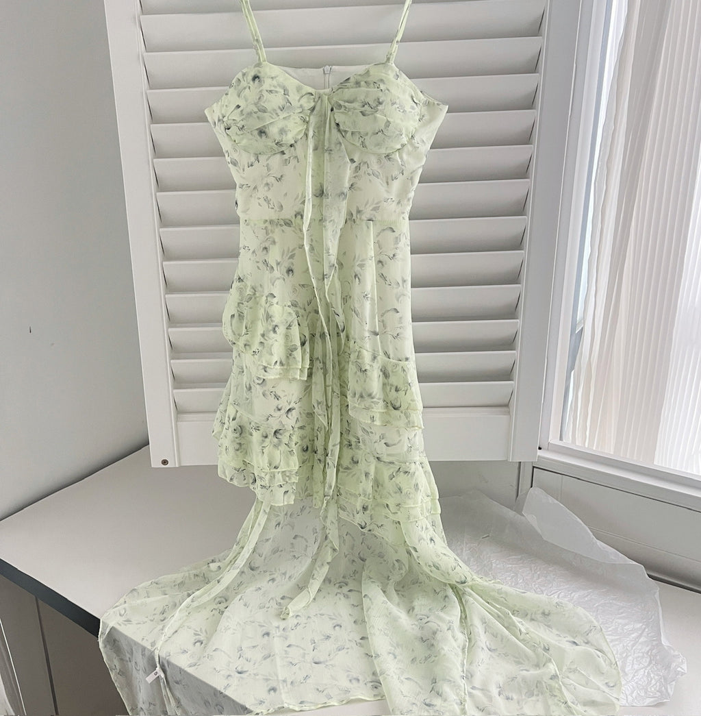 Malt Green Floral Chiffon Dress With Spaghetti Straps Flounced Midi Skirt Retro Art Vibe