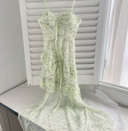 Malt Green Floral Chiffon Dress With Spaghetti Straps Flounced Midi Skirt Retro Art Vibe