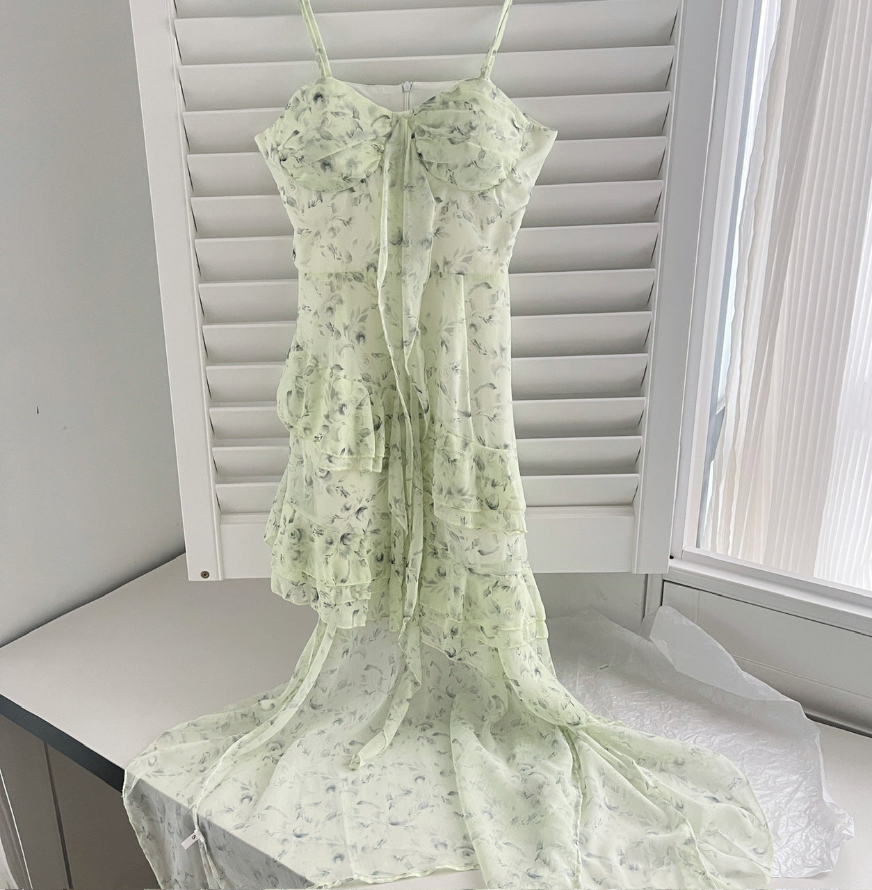 Malt Green Floral Chiffon Dress With Spaghetti Straps Flounced Midi Skirt Retro Art Vibe