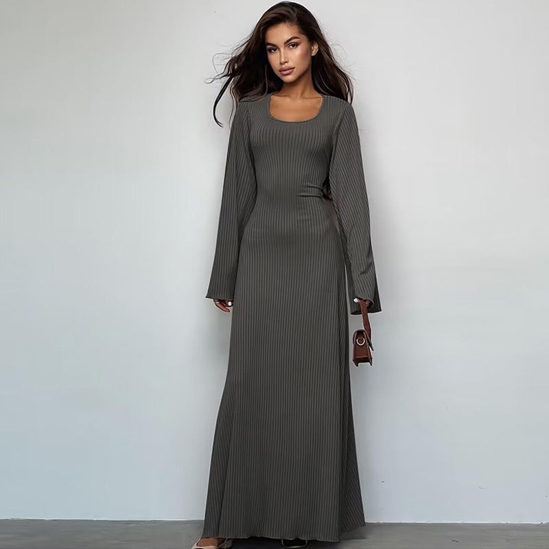Women's U-Neck Lace-Up Back Princess Dress with Bell Sleeves