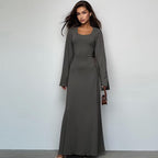 Women's U-Neck Lace-Up Back Princess Dress with Bell Sleeves
