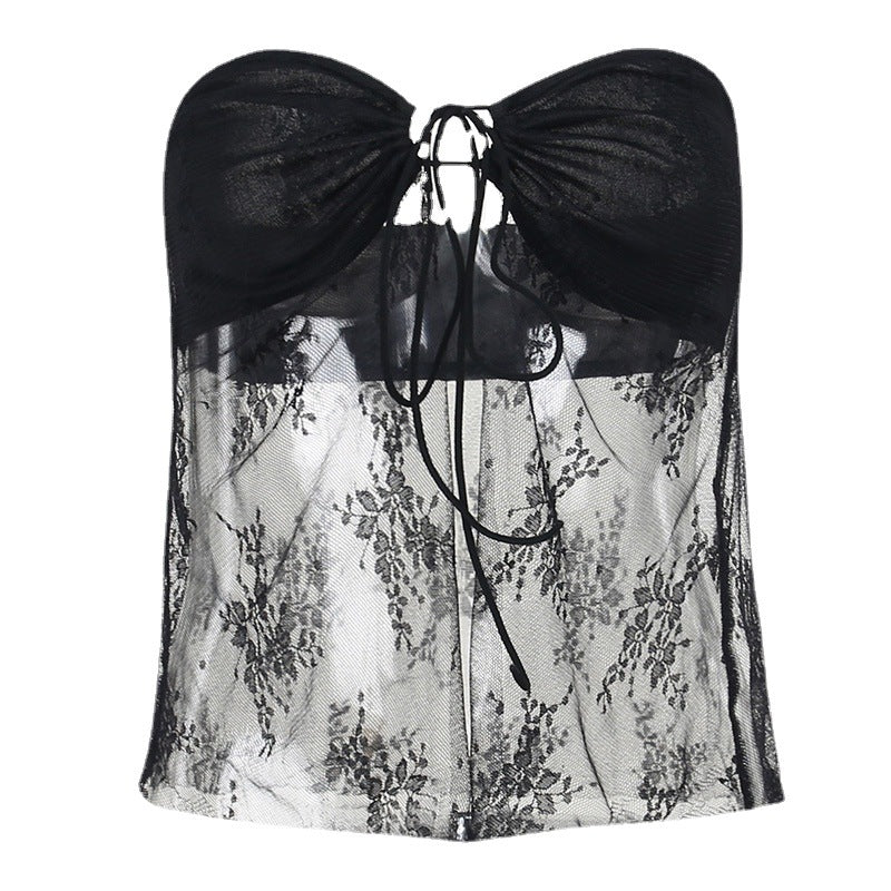 Sheer Knitted Tube Top With Lace And Hollowout Details