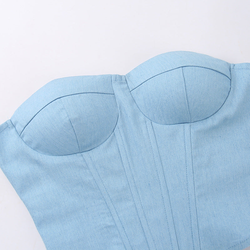 Denim Tube Vest Top With Back Tie Cropped Corset Tank