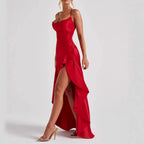 Women's Backless Ruffle Maxi Dress High Waist Split Evening Party