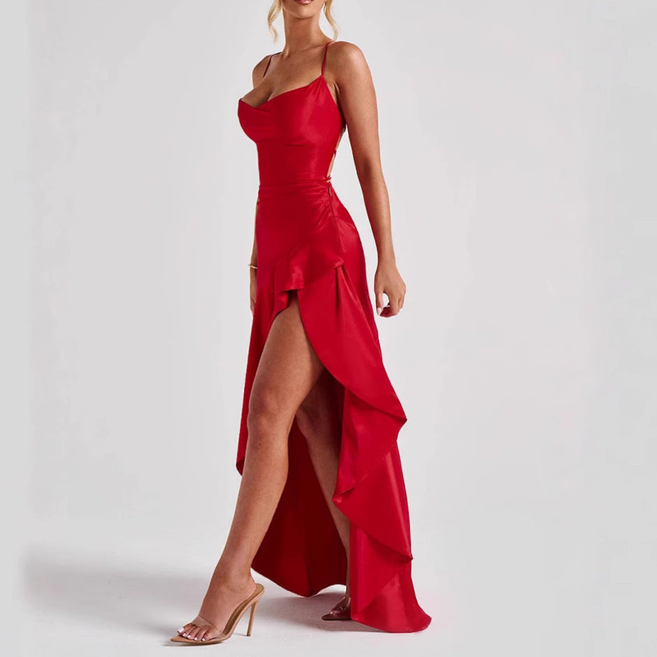 Women's Backless Ruffle Maxi Dress High Waist Split Evening Party