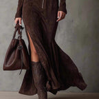 Cowboy Fashion Retro Slim Zipper Elegant Split Long-sleeved Dress