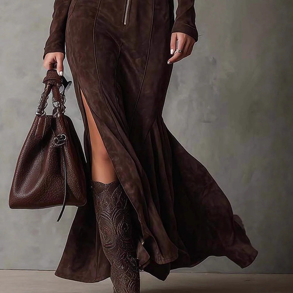 Cowboy Fashion Retro Slim Zipper Elegant Split Long-sleeved Dress