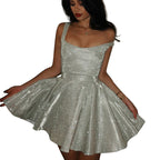 Silver Open Back Square Collar Summer Dress With High Waist Silhouette And Short Skirt