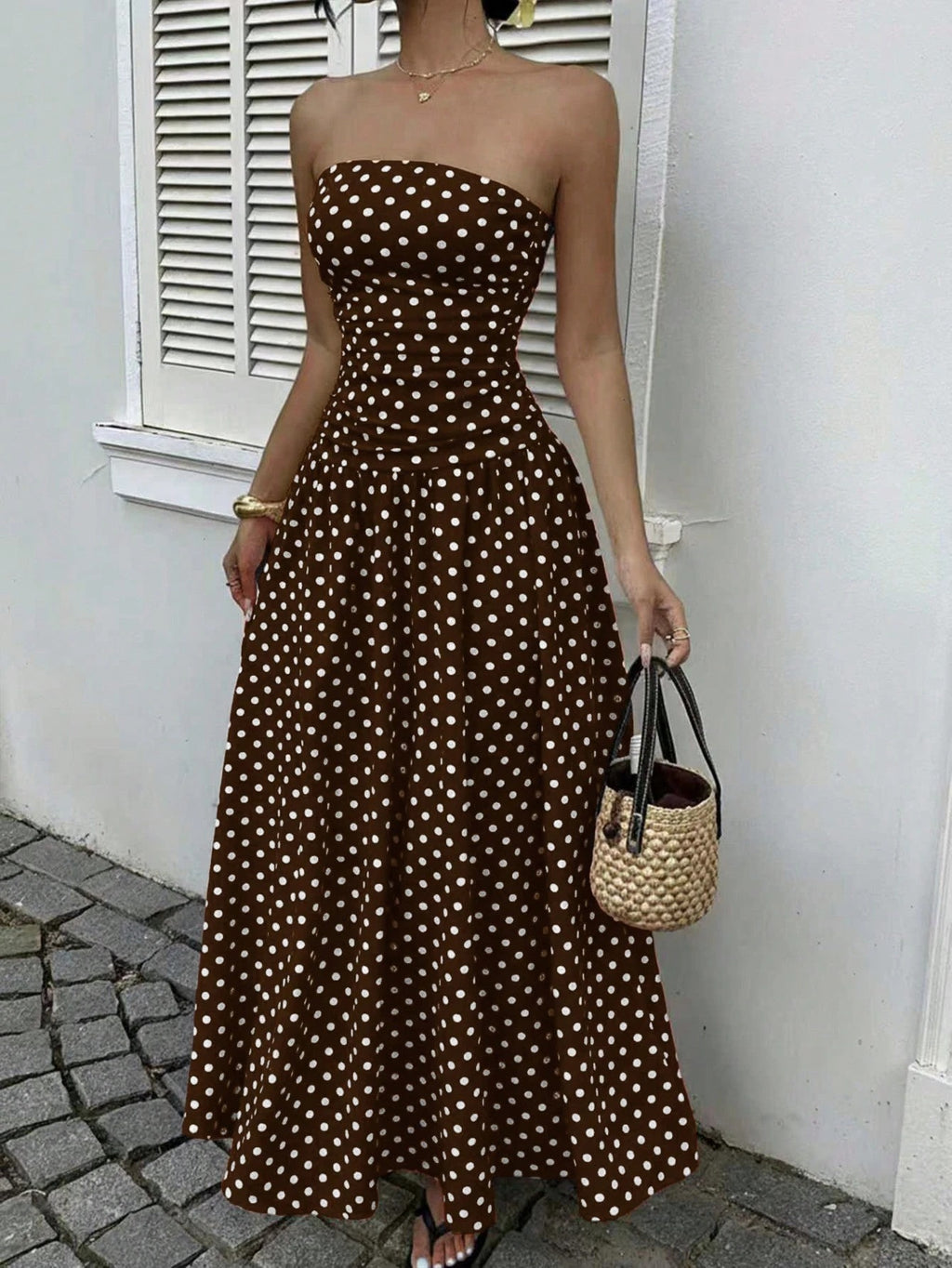 Elegant Polka-dot Off-shoulder High-waist Strapless Dress