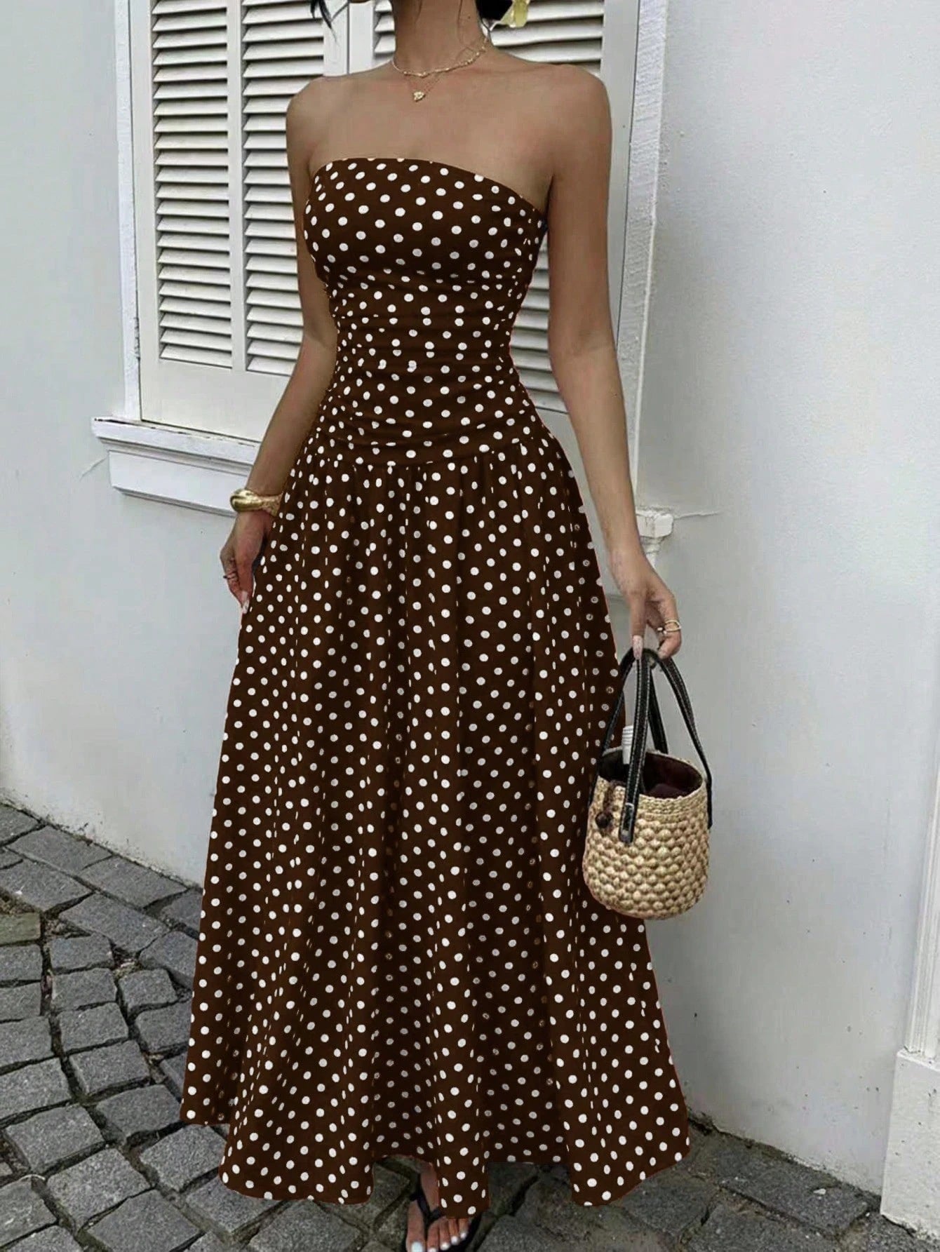 Elegant Polka-dot Off-shoulder High-waist Strapless Dress
