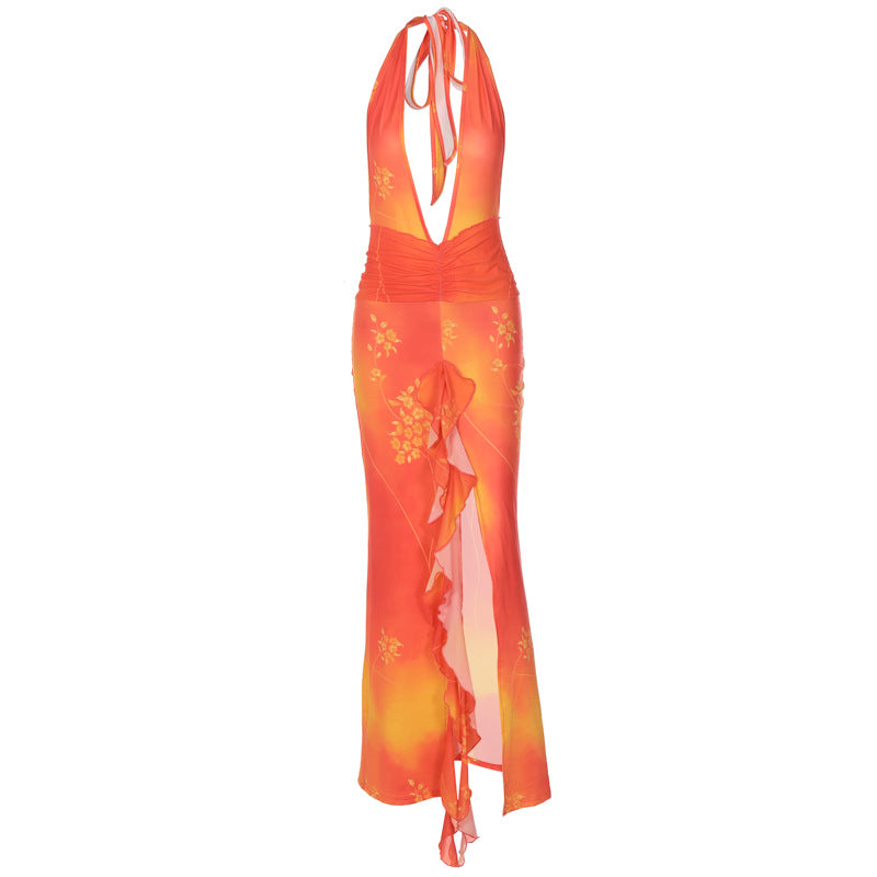 Women's Floral Print Backless V-Neck Halter Dress