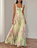 Floral Print Pleated A-Line Sleeveless Midi Dresses