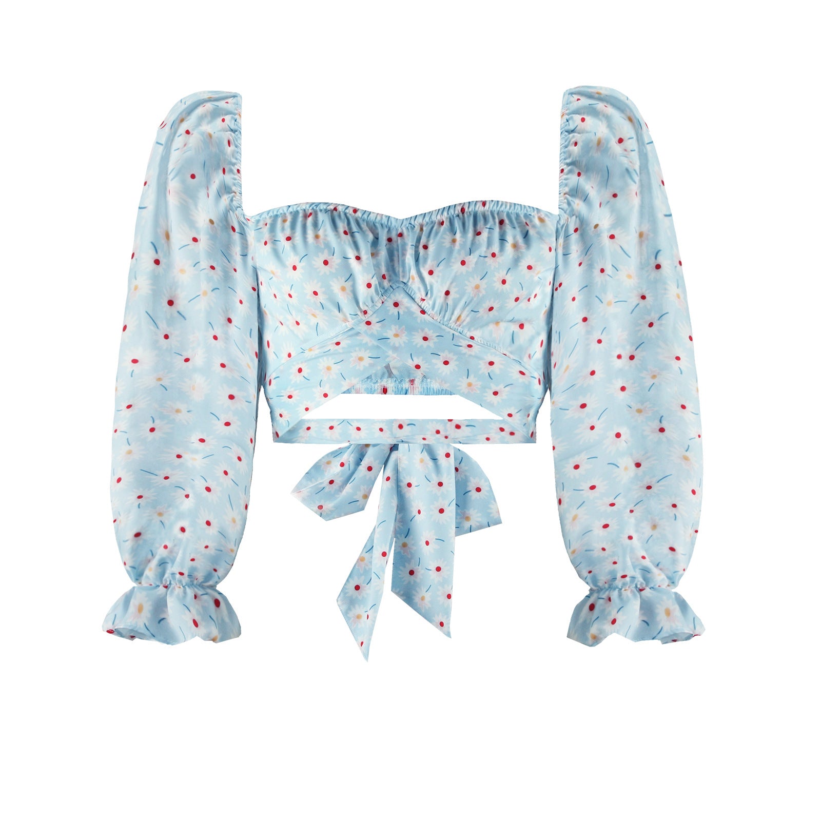 Square Neck Long Sleeve Street Style Top With Tie Print And Three Dimensional Pattern