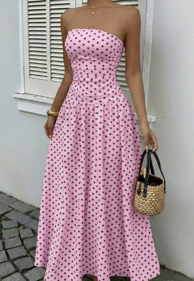 Elegant Polka-dot Off-shoulder High-waist Strapless Dress