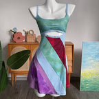 Y2K Aesthetic Patchwork Front Cut Out Stripe Spaghetti Strap Sexy Dress