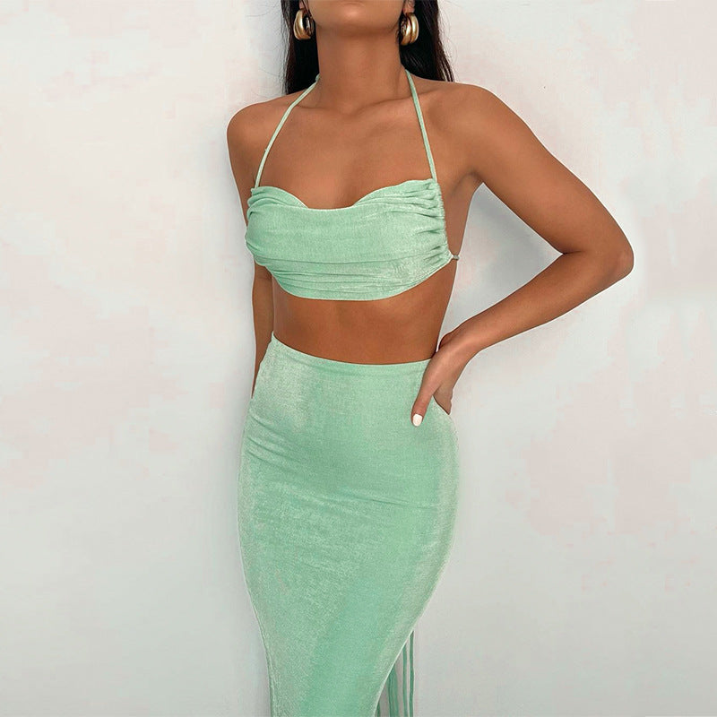 Green two piece Tube Top And Pleated Skirt Set