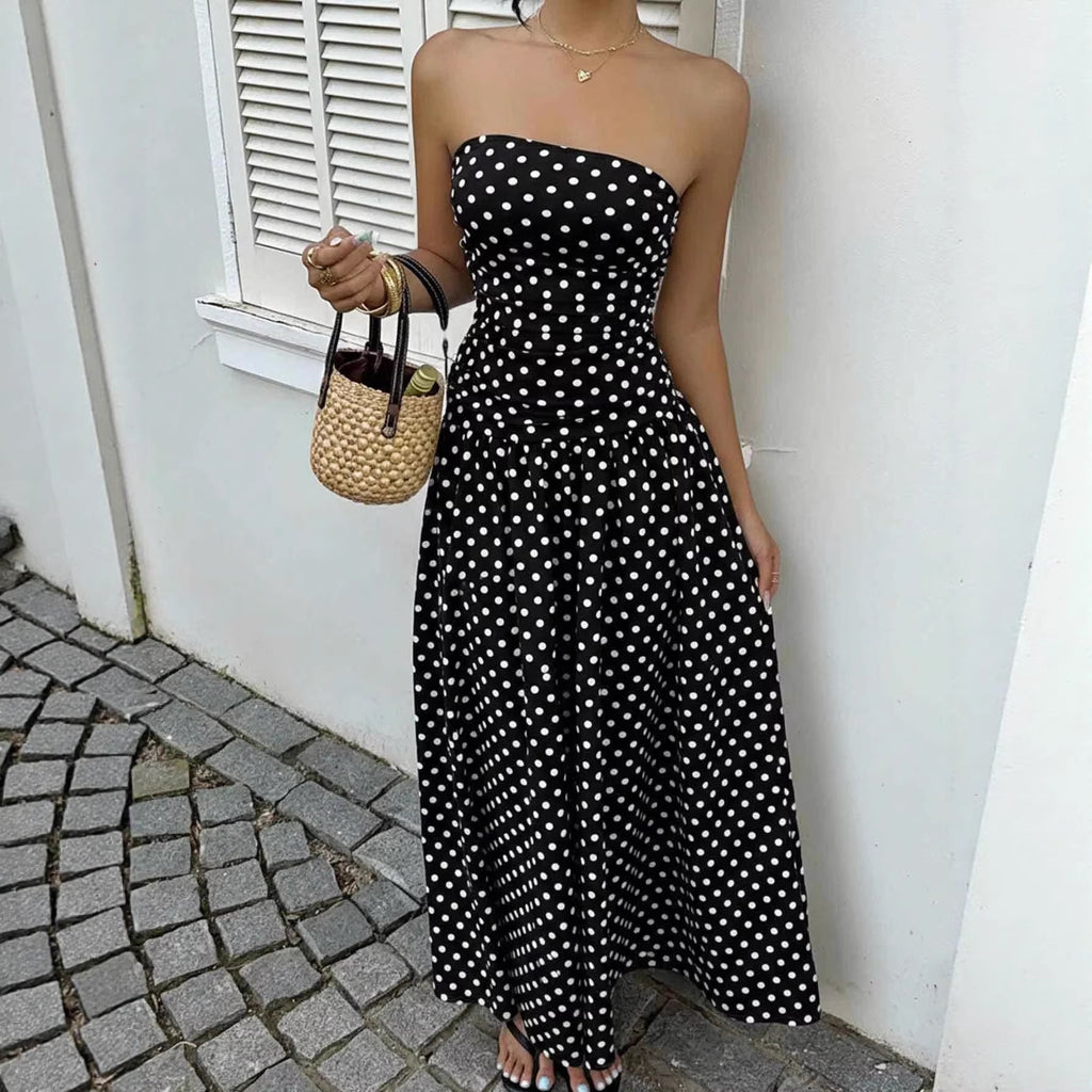 Elegant Polka-dot Off-shoulder High-waist Strapless Dress