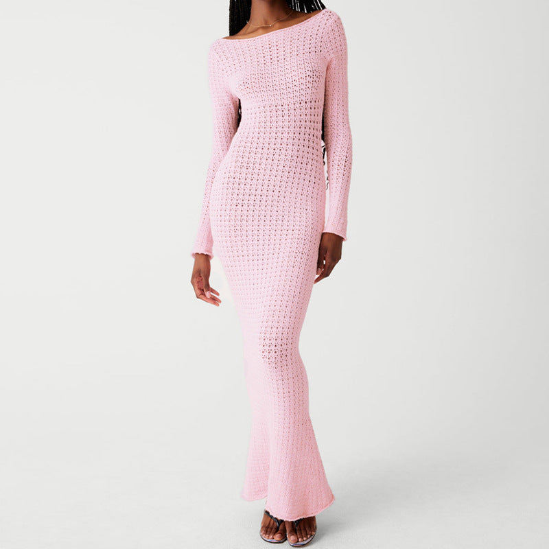 Pink Backless Knit Sweater Dress With High Waist And Long Silhouette