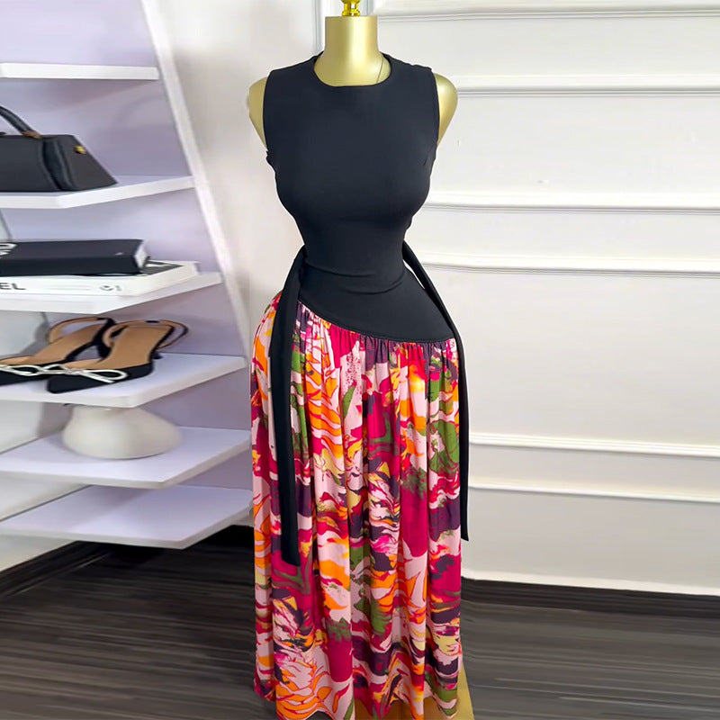 Black Lace Up Summer Dress With Playful Print Detail High Waist