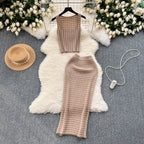 Elegant Chenille Knitted Top And Skirt Set Soft Textures