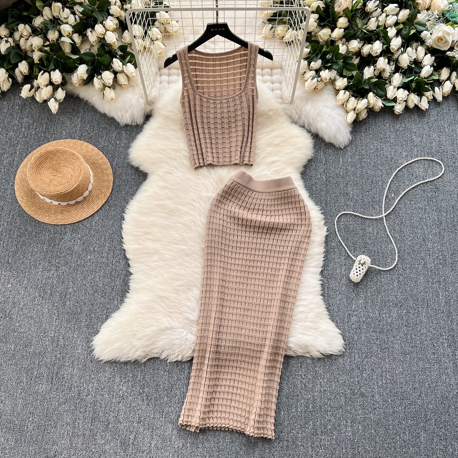 Elegant Chenille Knitted Top And Skirt Set Soft Textures