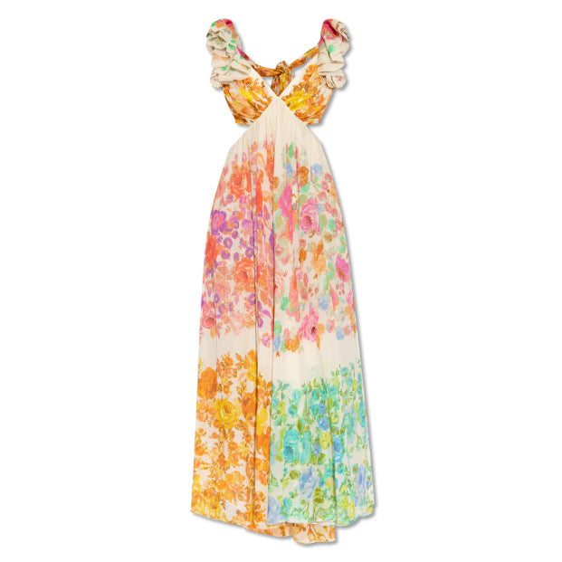 V-neck Ruffle Romantic French-Style Flowers Print Bow-knot Backless