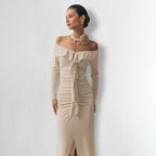 Cozy Khaki Dress With Long Sleeves And Mid Waist Chic