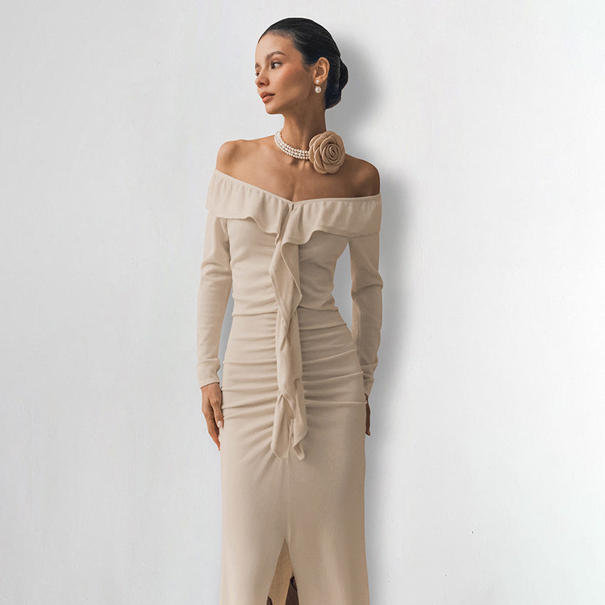 Cozy Khaki Dress With Long Sleeves And Mid Waist Chic