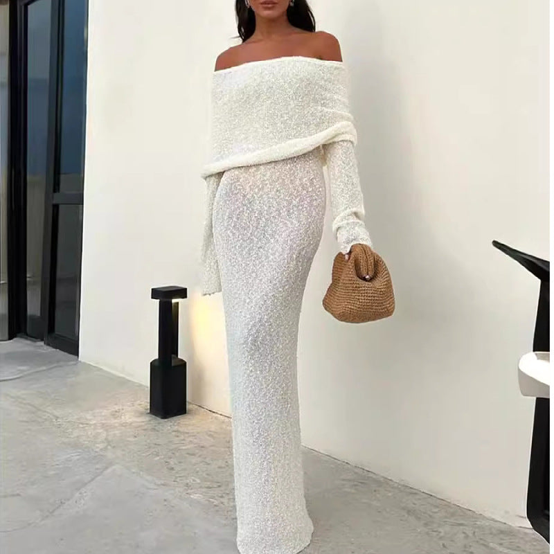 French-Style One-Shoulder Knitted Long-Sleeved Dress