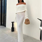 French-Style One-Shoulder Knitted Long-Sleeved Dress