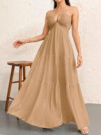 Backless Halter Neck A-Line Maxi Dress With Pleated Skirt For Beach Vacation