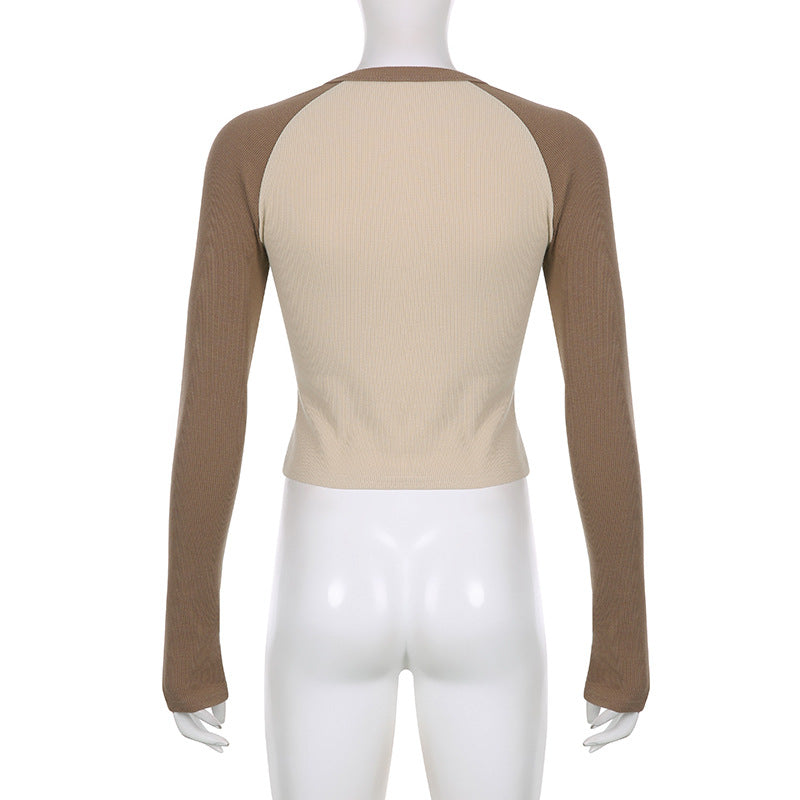 Khaki Stars Patchwork Long Sleeve Top for Women Chic Slim Fit