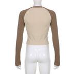 Khaki Stars Patchwork Long Sleeve Top for Women Chic Slim Fit