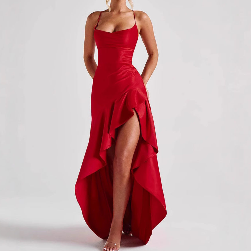Women's Backless Ruffle Maxi Dress High Waist Split Evening Party