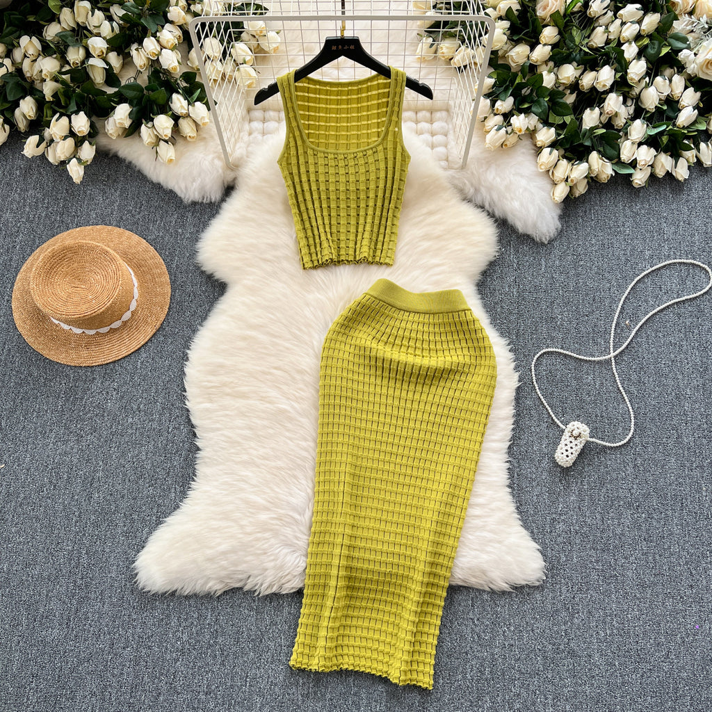Elegant Chenille Knitted Top And Skirt Set Soft Textures
