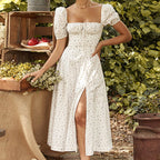 Puff Sleeve Floral Dress With Square Collar And High Waist