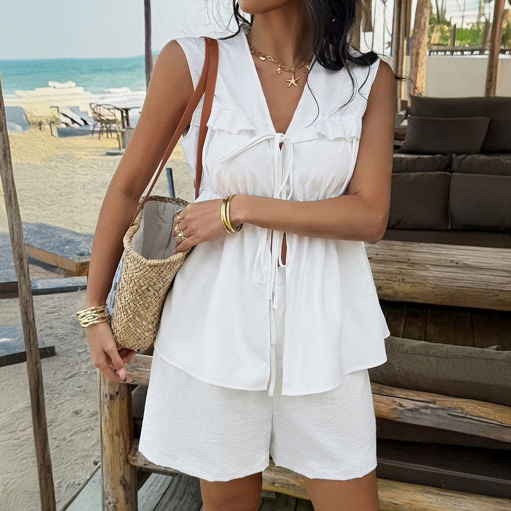 White Sleeveless Top And Pants Two Piece Set