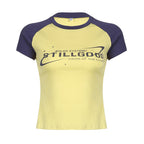 Contrasting Letter Print Raglan Top For Women In Cotton Knit Short Sleeve Style