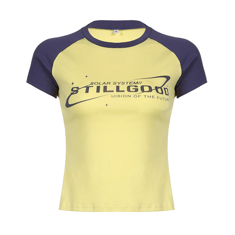Contrasting Letter Print Raglan Top For Women In Cotton Knit Short Sleeve Style