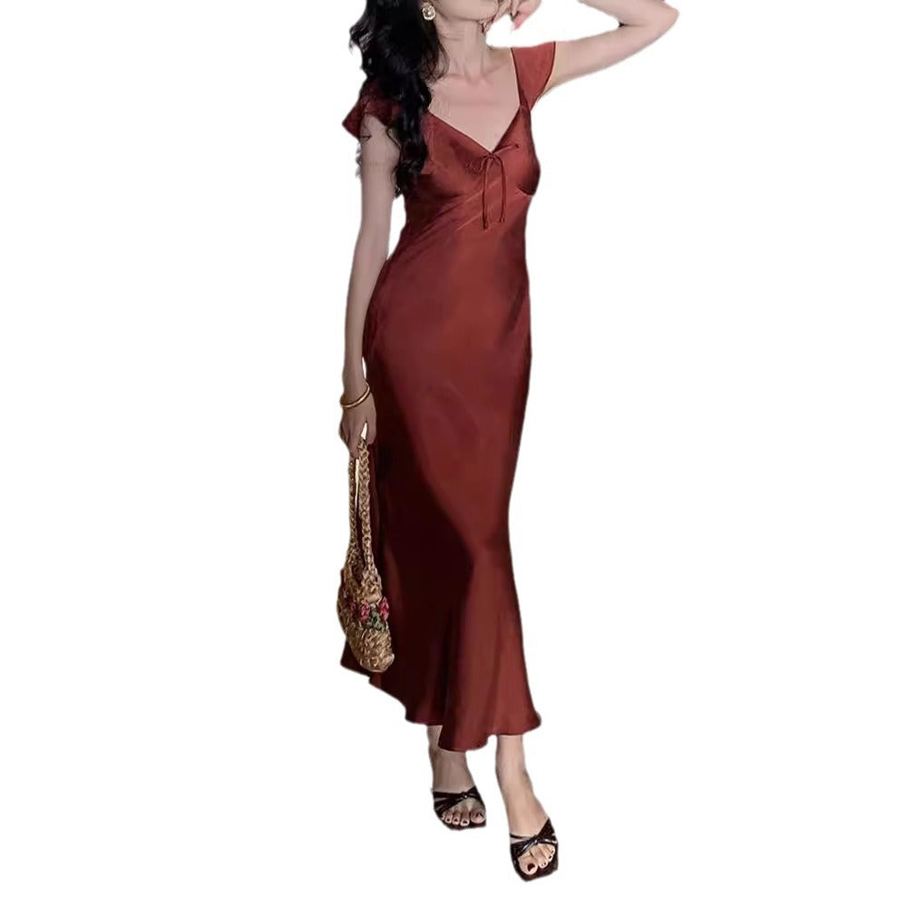 Graceful Sling Dress In Rust Red And Pearl Apricot