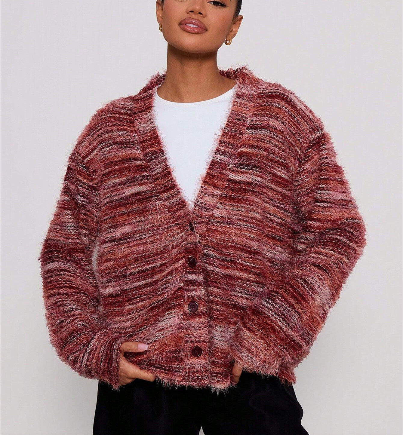 Cozy Stripe Knitted Button Cardigan Cropped V Neck Sweater For Women