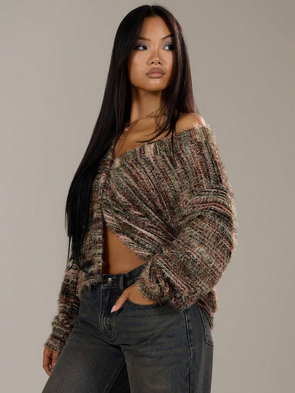 Cozy Stripe Knitted Button Cardigan Cropped V Neck Sweater For Women