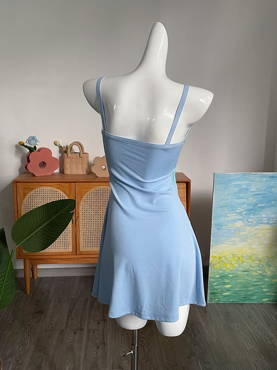 Y2K Aesthetic Patchwork Front Cut Out Stripe Spaghetti Strap Sexy Dress