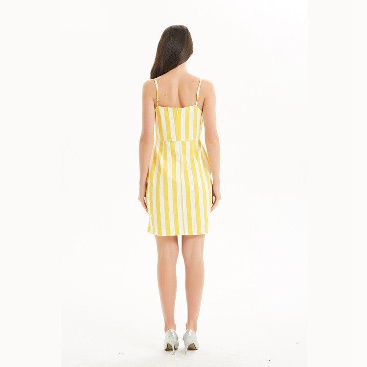 Stripes Cotton Strapless Dress With Wrapped Chest And Short Skirt