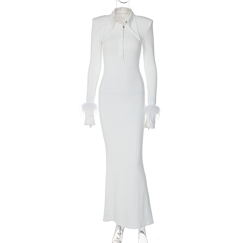 Chic Polo Collar Long Dress In White For Everyday Elegance